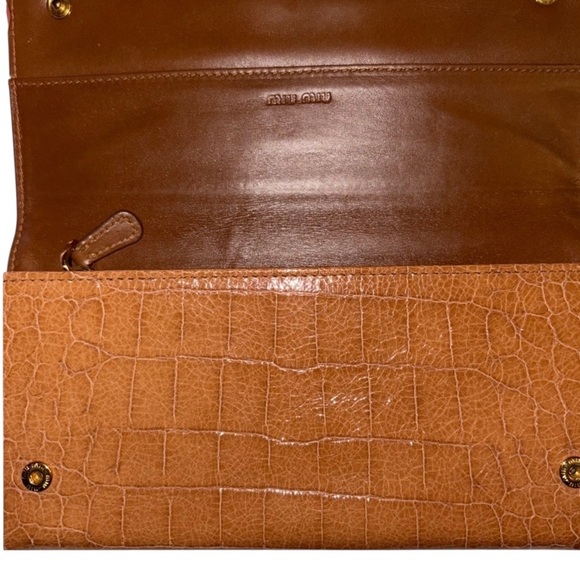 Prada MIU MIU Long Leather Wallet Camel Tan Gold Letters - Picture 3 of 14